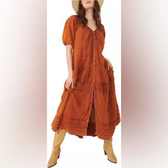 Free People Sunday Stroll smock Brown Bohemian Maxi Dress in Vintage Wash sizeXL - Picture 9 of 12